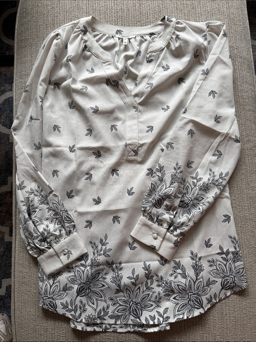 Maurices Cream Blouse with Black Floral Border